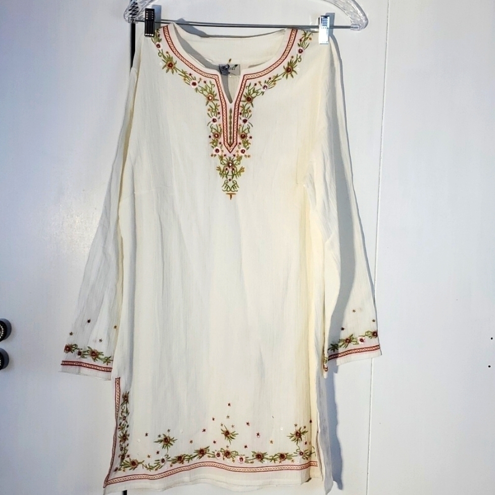 Zehria |White Organic Cotton Embroidered Floral Tunic Boho Swim Cover Up  M